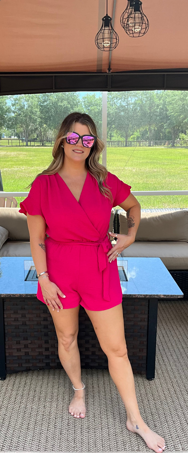 V-Neck Tie Front Romper/ Fuchsia