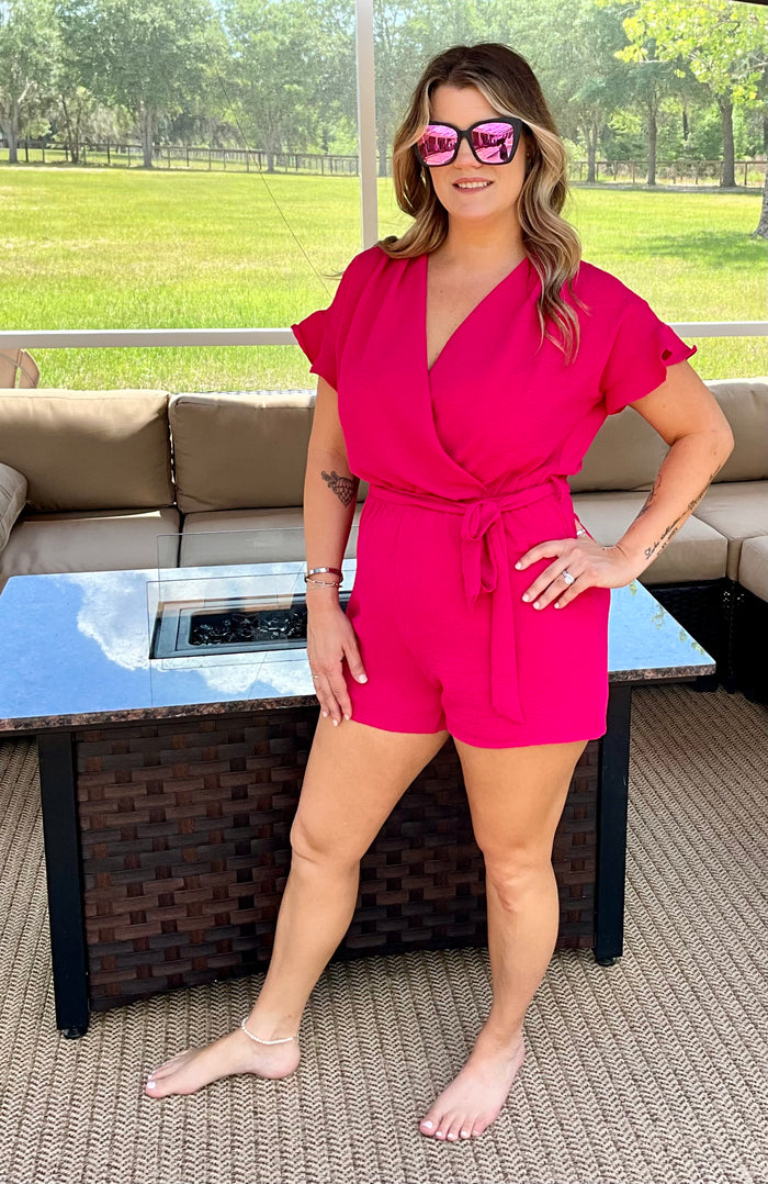 V-Neck Tie Front Romper/ Fuchsia